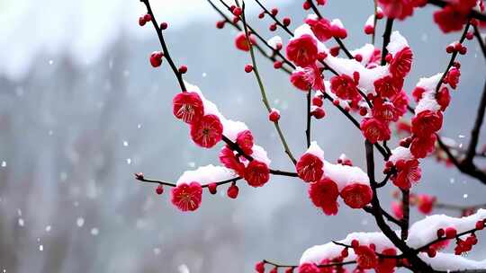 雪中绽放的红色梅花