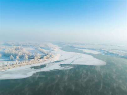 冬季河流雪景 雾凇 航拍 4K 延时