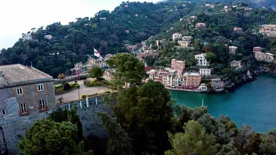 Portofino，山坡，村庄，海岸线