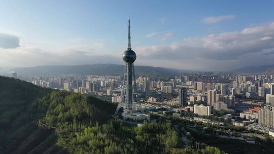 青海西宁浦宁之珠电视塔地标建筑城市风光