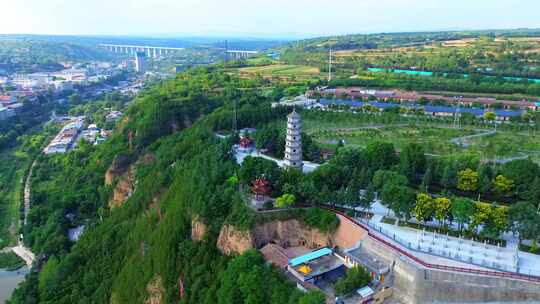 航拍陕西咸阳淳化县甘泉湖兴淳塔