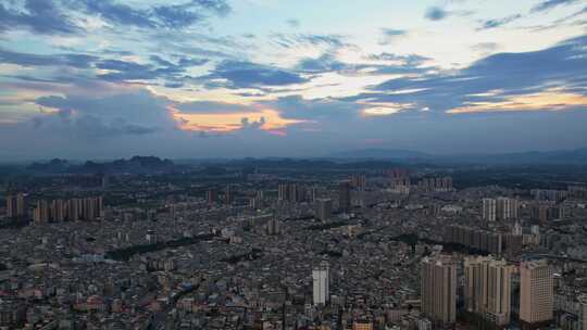 航拍城市晚霞夜幕降临