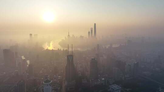 上海日出晨雾 陆家嘴日出 上海地标