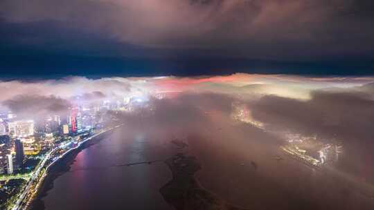 南昌红谷滩城市夜景平流雾延时摄影航拍