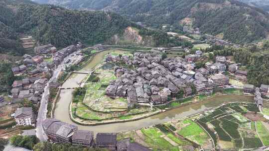 程阳八寨少数民族木房子建筑航拍