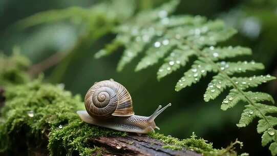 蜗牛在苔藓木头上爬行特写