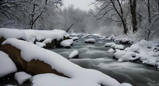 森林雪景下雪天冬季河流树林雾凇唯美下雪天