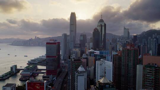 香港航拍港岛大景清晨日出