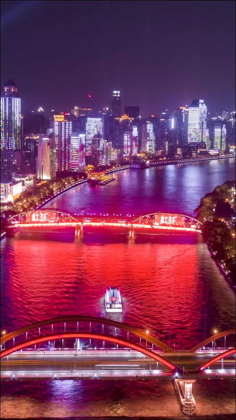 广州_珠江两岸夜景延时航拍_竖屏