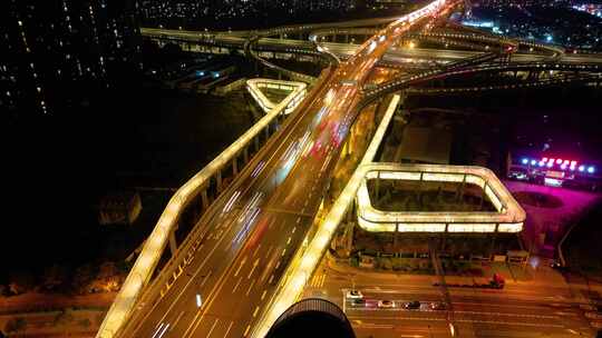 杭州钱塘新区东湖高架路立交桥夜景车流延时