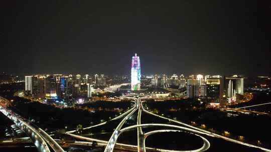 河南郑州城市夜景灯光航拍