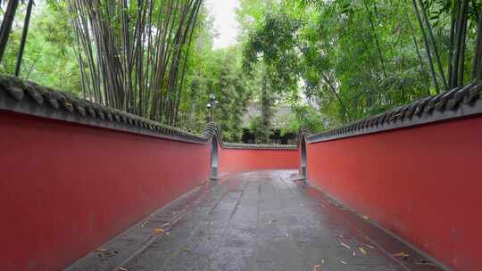 成都杜甫草堂红墙竹林下雨天中式园林