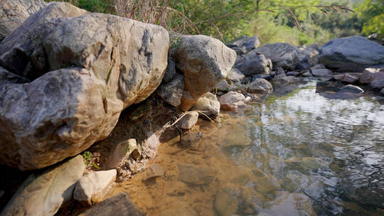 溪流清澈溪水泉水山间树林石缝流淌波光粼粼视频素材模板下载