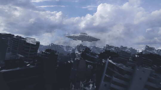 外星人飞碟盘旋在被摧毁的城市上空，空中