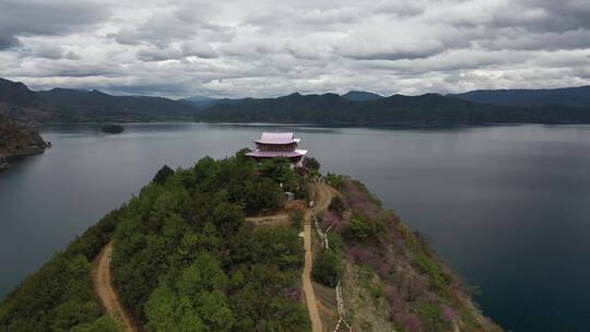 云南泸沽湖大悲海螺经堂自然风光航拍