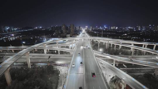 航拍夜晚杭州滨江时代大道高架中兴立交夜景