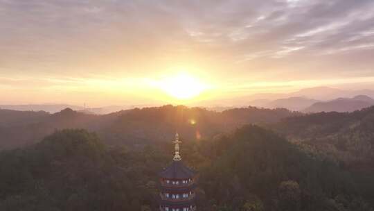 新昌大佛寺栖光净寺万佛塔日出航拍