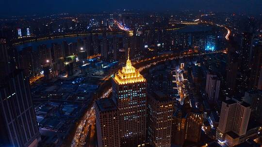 中国辽宁沈阳城市夜景航拍青年大街皇朝万鑫