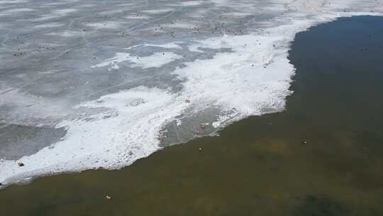 青海湖湖面冰面飞鸟航拍视频