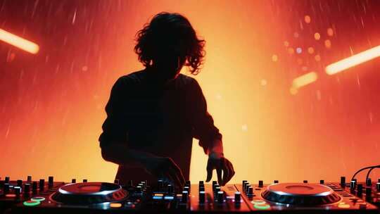 DJ在动感场景中操作混音台