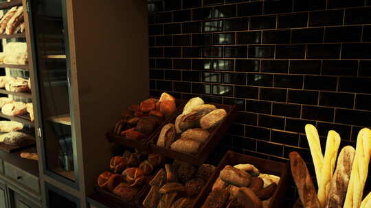 商店箱子里展示的各种面包