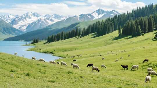 草原雪山羊群自然风光