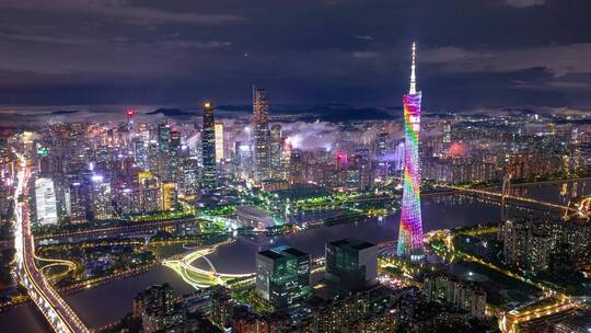 广州城市航拍大气云海夜景珠江新城中心延时