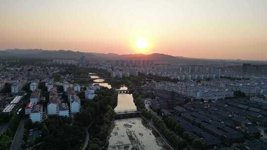 航拍潍坊青州古城夕阳晚霞