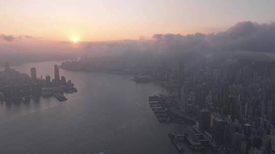 航拍延时香港维多利亚港日出云海