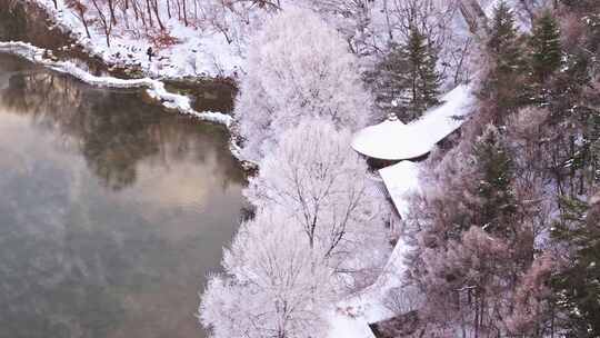 东北本溪水洞冬季雾凇树挂洁白唯美雪景航拍视频素材模板下载