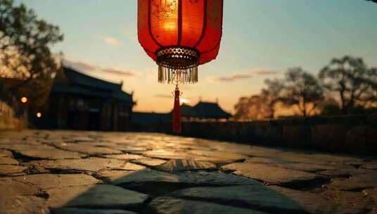 夕阳下悬挂的中式红灯笼