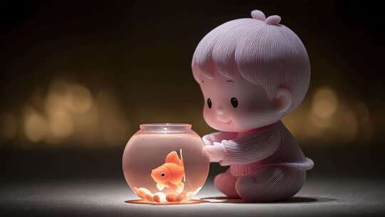 卡通娃娃与金鱼缸的温馨童趣