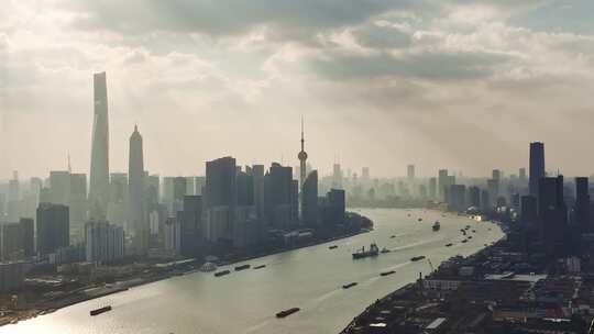 上海杨浦航拍城市剪影耶稣光
