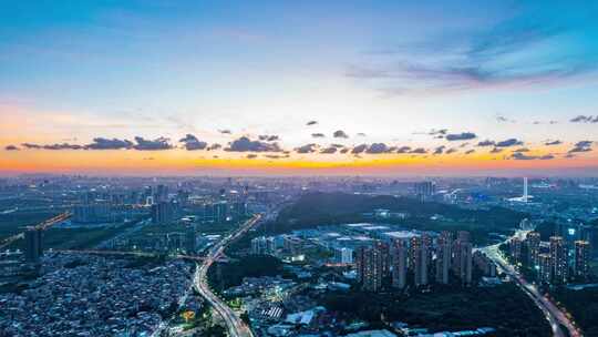 广州番禺城市繁华景观与夕阳落日晚霞航拍