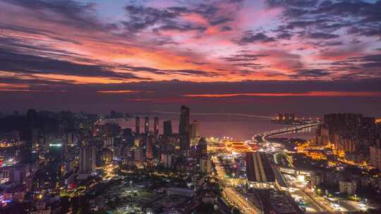 绝美珠海拱北湾港珠澳大桥日出朝霞航拍延时