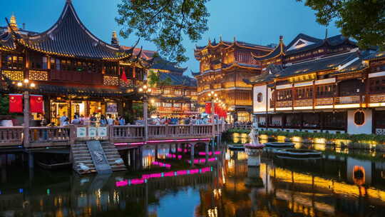 上海豫园夜景延时游客视频素材模板下载