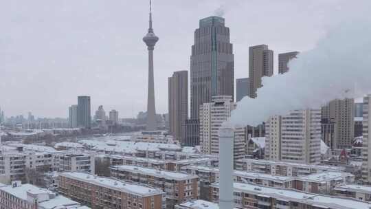 大气航拍雪景冬天下雪城市宣传天津地标天塔