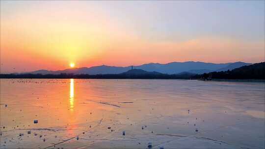 冬季颐和园结冰日落夕阳日转夜倒影