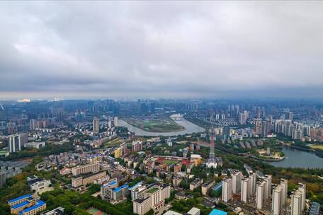 长沙湾曲浏阳河城市全景航拍延时