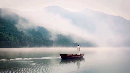 烟波江上乘着小船站在船头水路远行