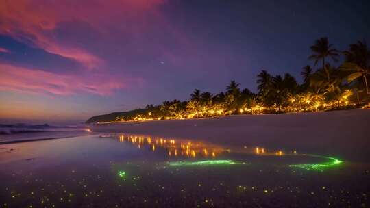 夜晚海滩荧光海与椰林美景