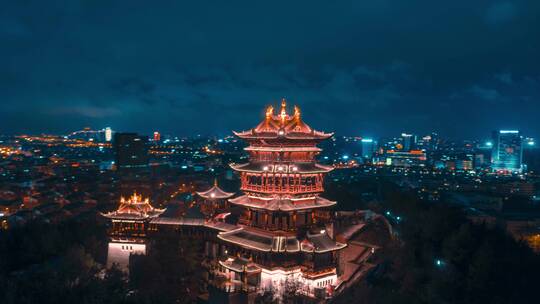 义乌鸡鸣阁夜景航拍延时