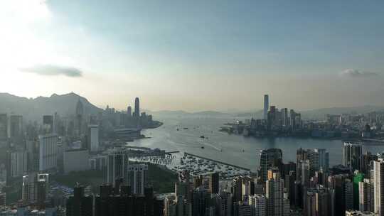 香港大景航拍维多利亚港太平山日落海湾风光