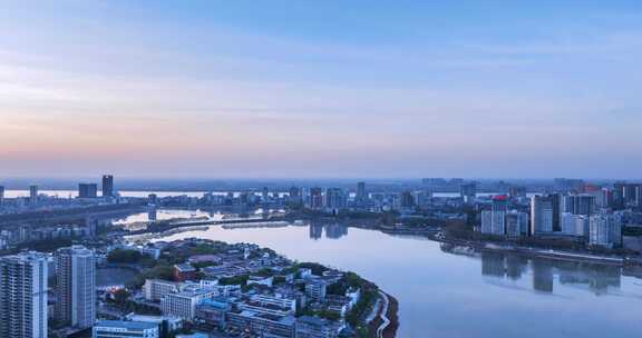 江西九江市春季黄昏城市风景延时环绕航拍