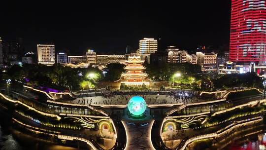 四川宜宾合江楼长江之珠夜景灯光航拍