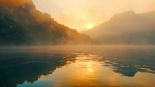湖面早晨雾气 日出浓雾 山水风 水墨风