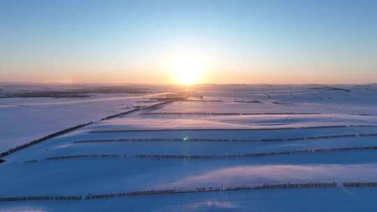 雪后垦区田野夕阳时的唯美时刻