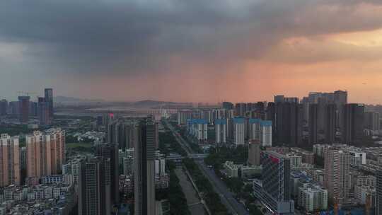 航拍宝安新安创业路日落暴雨