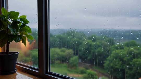 窗边盆栽与窗外雨景