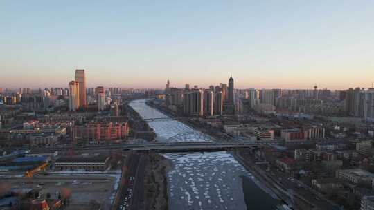 天津海河风景小白楼CBD城市风光傍晚航拍